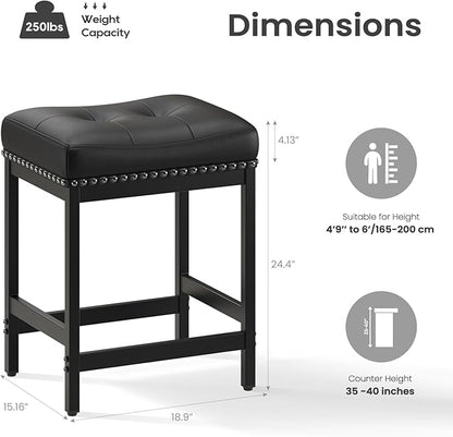 MALOL Set of 3 Saddle Bar Stools Counter Height 24.4”, Black Backless Barstools for Kitchen Island, Modern PU Leather Cushioned Seat, Bar Chairs for Kitchen Counter, Breakfast Bar Stools for Home