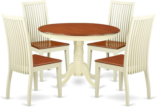East West Furniture HLIP5-BMK-W 5 Piece Dining Room Furniture Set Includes a Round Kitchen Table with Pedestal and 4 Dining Chairs, 42x42 Inch, Buttermilk & Cherry