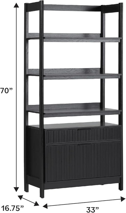 Walker Edison Transitional Open Reeded 4-Shelf Bookshelf with Drawers Versatile Bookcase with Bottom Storage for Home Office, Living Room, Bedroom, 33 Inch, Black
