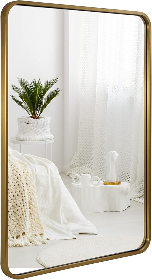 ANDY STAR 28x36 INCH Gold Mirror Bathroom, Brushed Gold Mirrors for Wall in Anti-Rust SUS304 Tube Metal Frame, Rounded Rectangle Mirrors 1’’ Deep Wall Mounted Vertically/Horizontal for Bathroom