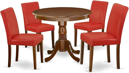 East West Furniture ANAB5-MAH-72 5 Piece Dining Table Set Includes a Round Dining Room Table with Pedestal and 4 Firebrick Red Faux Leather Parsons Chairs, 36x36 Inch, Mahogany