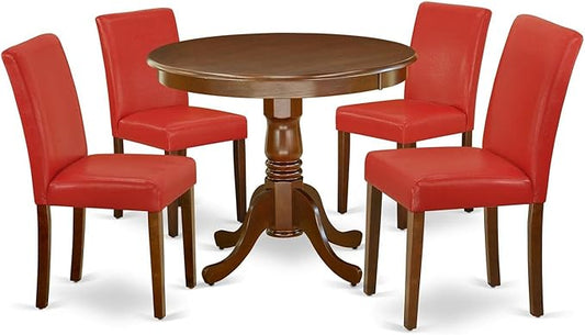East West Furniture ANAB5-MAH-72 5 Piece Dining Table Set Includes a Round Dining Room Table with Pedestal and 4 Firebrick Red Faux Leather Parsons Chairs, 36x36 Inch, Mahogany