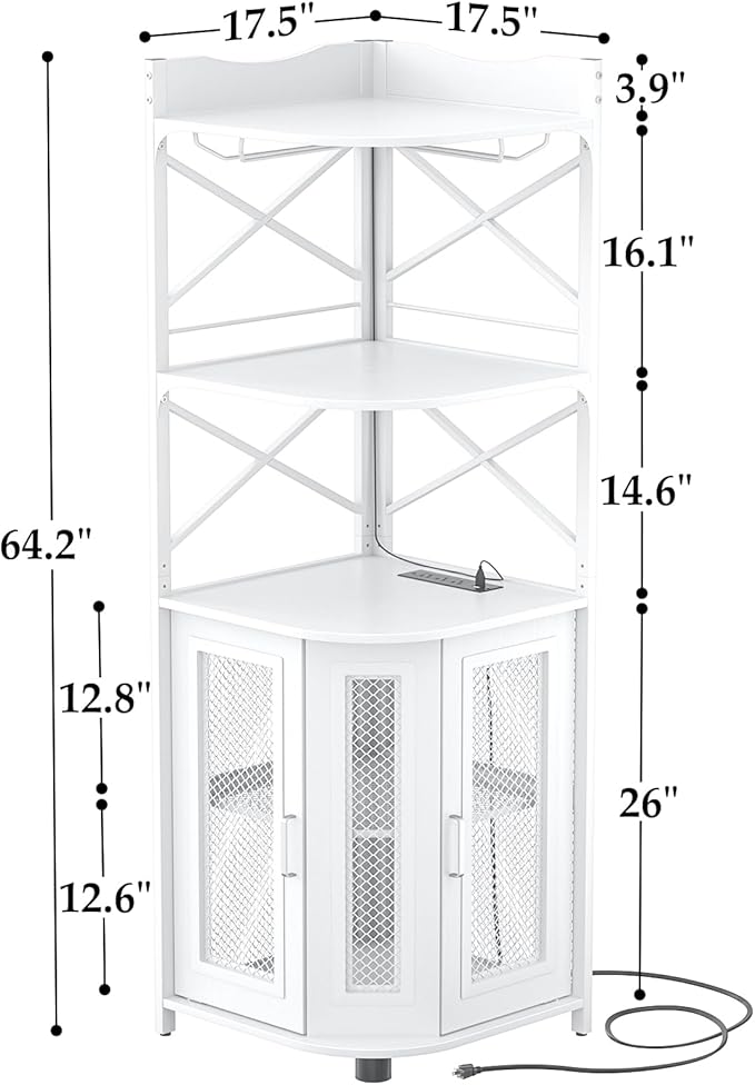 Aheaplus Corner Bar Cabinet with Power Outlet, Industrial Wine Cabinet with LED Strip and Glass Holder, 5-Tiers Liquor Cabinet Bar Unit for Home, Corner Display Cabinet for Small Space, White