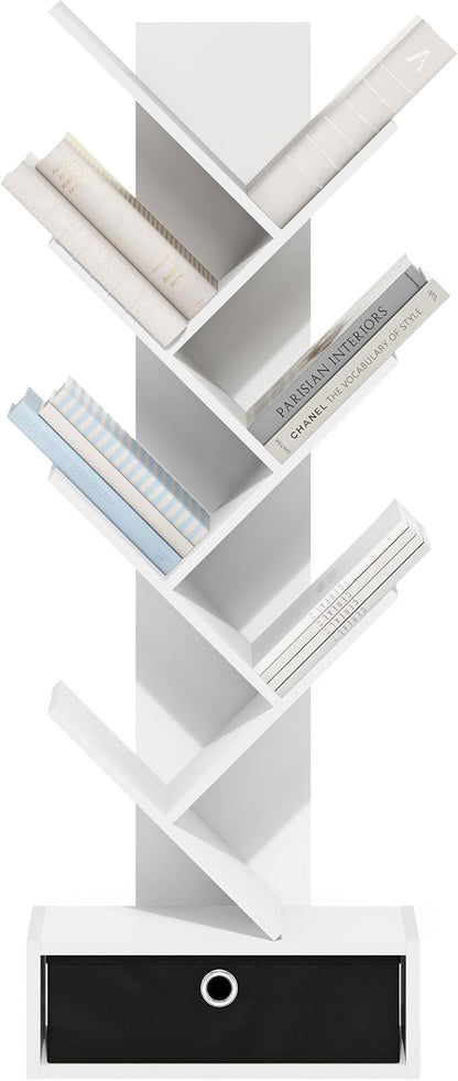 Furinno Tree Bookshelf 7-Tier Floor Standing Tree Bookcase with Bin Drawer, White/Black