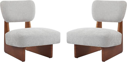 Christopher Knight Home Mores Low Profile Accent Chair Set of 2, Modern Living Room Armless Lounge Chair, Fabric Comfy Reading Chair for Bedroom, Wooden Frame and Thick Padded Seat, Walnut+Gray