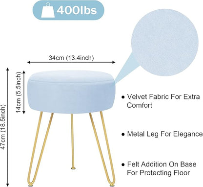GERANT Multifunctional Vanity Stool - Velvet Footrest Stool-Upholstered Chair Stool -Ottoman Round Modern Dressing Chair - Side Coffee Table Seat with Golden Metal Leg for Living Room (Light Blue)