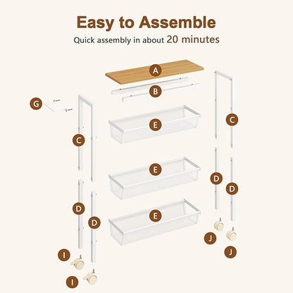 Hoctieon Slim Rolling Storage Cart, 4-Tier Narrow Kitchen Storage Cart with Handle & Wheels, Mobile Shelving Unit, Wooden Top & Metal Frame, Utility Cart for Kitchen, Small Spaces, Oak Beige