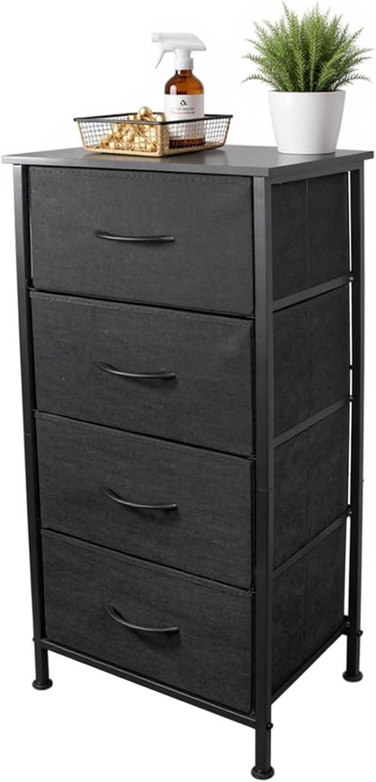Nightstand with 4 Fabric Bins, Bedside Furniture, Night Stand, End Table Nightstand Storage Tower Unit Organizer with 4 Fabric Bins for Living Room (Black)