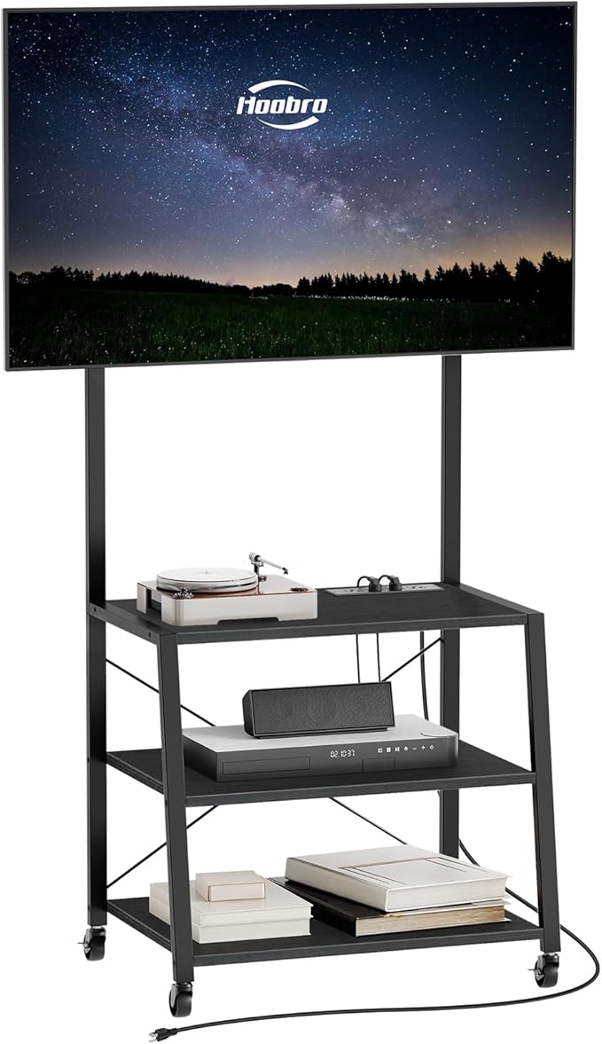 HOOBRO Rolling TV Stand with Mount and Power Outlet Up to 55 inch TVs, Corner Entertainment Center, Small TV Stand with 3-Tier Storage Shelves for Living Room, Bedroom, Black BB66UDS01