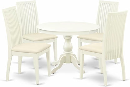 East West Furniture HBIP5-LWH-C 5 Piece Dining Set Includes a Round Dining Table with Pedestal and 4 Linen Fabric Kitchen Room Chairs, 42x42 Inch, Linen White
