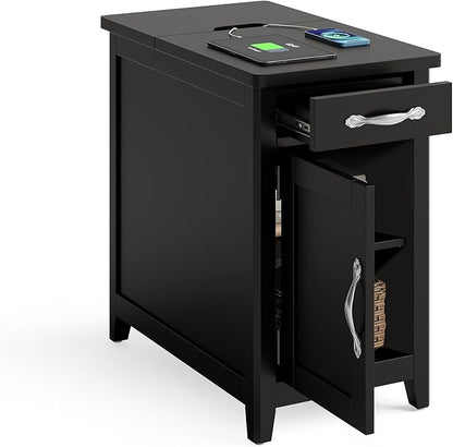LINSY HOME End Table Set of 2 with Charging Station, Modern Farmhouse Sofa Couch Side Table, Wooden Bedside Table for Living Room Bedroom, Narrow Nightstand with Storage for Small Space, Black
