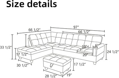 L Shaped Sectional Couches for Living Room, Modern Modular Sectional Sofa with Ottoman Storage, Comfy L Shaped Couch with Chaise for Bedroom Apartment Furniture, Gray