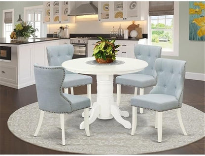 East West Furniture SHSI5-WHI-15 5 Piece Dining Table Set for 4 Includes a Round Kitchen Table with Pedestal and 4 Baby Blue Linen Fabric Parson Dining Chairs, 42x42 Inch, Linen White