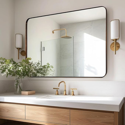 ANDY STAR Bronze Mirror for Wall, 30x36” Rounded Rectangle Bathroom Mirror, Modern Stainless Steel Metal Frame for Vanity