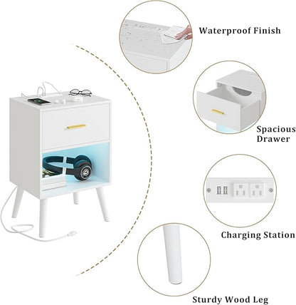 Nightstand with Charging Station and LED Lights, Small Side Table, Bedside Table with Drawer, Modern Night Stand, End Table for Bedroom, Living Room (White)