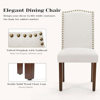 Kitchen Chairs Set of 2 Modern Upholstered Fabric Seat with Nailhead Trim and Ergonomic Lumbar Support for Living Room and Rustic Farmhouse Dining Area, Beige