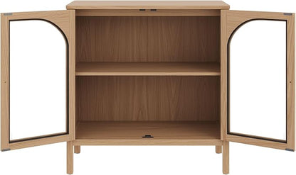 Nathan James Mason Modern Farmhouse Storage Cabinet, Free Standing Accent Sideboard Buffet, Cabinet with Glass Doors and Adjustable Shelf, Clear Glass/Raw Oak