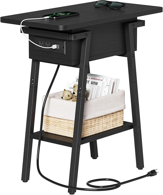 End Table with Charging Station, Flip Top Side Table with USB Ports and Outlets, Bedside Tables for Small Spaces,Nightstand with Storage Shelf for Living Room, Bedroom, Black