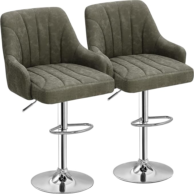 VECELO Bar Stools Set of 2, Adjustable Barstools, Counter Height Stools with Back and Arm, Kitchen Island Stools, Swivel PU Leather Chairs for Pub, Dining Room, Modern Style, Dark Grey