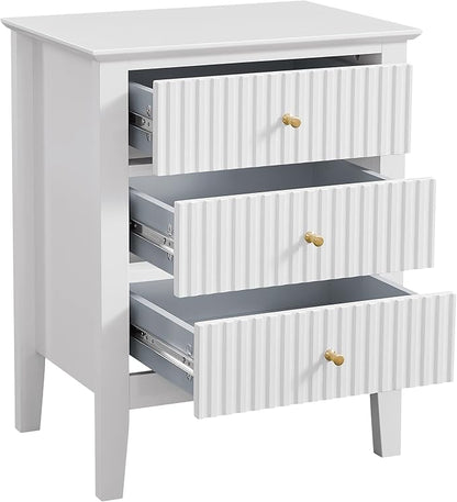 OCANDO White Bed Side Table with 3 Drawers 19" W, Bedroom Nightstand 24" H,Vintage Modern Night Stand,Living Room Fluted End Bedside Tables