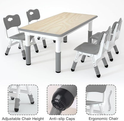 Kids Table and 4 Chairs Set，Height Adjustable Children Table & Chair，Toddlers Study Multi-Activity Table with 47.2"x23.6" Wipe-Clean Desktop，for Classrooms, Homes & Daycares