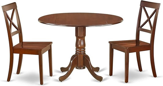 East West Furniture DLBO3-MAH-W 3 Piece Modern Dining Table Set Contains a Round Wooden Table with Dropleaf and 2 Dining Room Chairs, 42x42 Inch, Mahogany