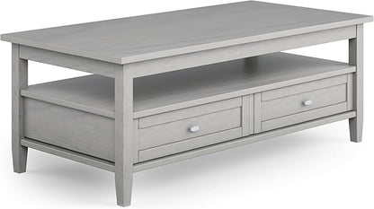 SIMPLIHOME Warm Shaker Coffee Table - 48 inch Wide Solid Wood Cocktail Table in Fog Grey, Transitional Living Room Table with 2 Storage Drawers and Open Shelf for Sitting Area or Lounge