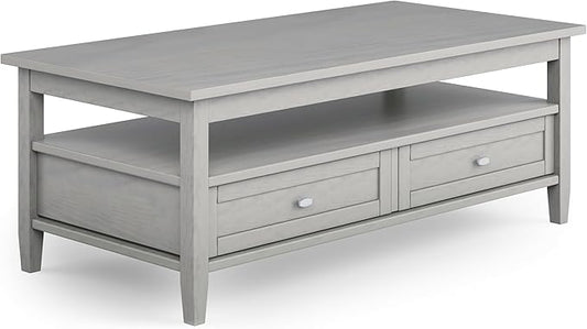 SIMPLIHOME Warm Shaker Coffee Table - 48 inch Wide Solid Wood Cocktail Table in Fog Grey, Transitional Living Room Table with 2 Storage Drawers and Open Shelf for Sitting Area or Lounge