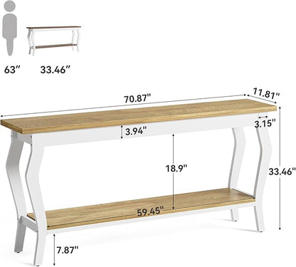 LITTLE TREE 70.9 Inches Long Console Table, 2-Tier Vintage Wooden Sofa Table Behind The Couch with Metal Legs for Hallway, Entryway, Living Room, White & Light Oak