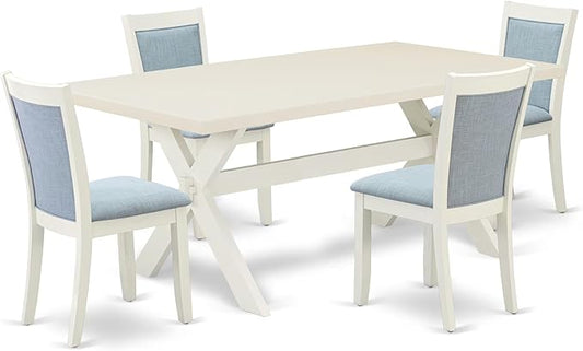 East West Furniture X027MZ015-5 5 Piece Kitchen Table & Chairs Set Includes a Rectangle Dining Table with X-Legs and 4 Baby Blue Linen Fabric Parson Chairs, 40x72 Inch, Multi-Color
