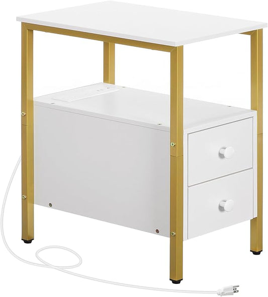 HOOBRO End Table with Charging Station, Narrow Side Table with 2 Drawer & USB Ports & Power Outlets, Nightstand for Small Spaces, Stable and Sturdy, for Living Room, Bedroom, Gold and White DW541BZ01