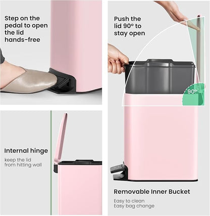 Cesun Small Bathroom Trash Can with Lid Soft Close, Step Pedal, 6 Liter / 1.6 Gallon Stainless Steel Garbage Can with Removable Inner Bucket, Anti-Fingerprint Finish (Pink)