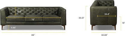 POLY & BARK Essex Leather Couch - 89-Inch Sofa with Tufted Back - Full-Grain Leather Sofa for Living Room with Feather-Down Topper - Living Room Couch - Vintage Italian Leather in Olivine Green