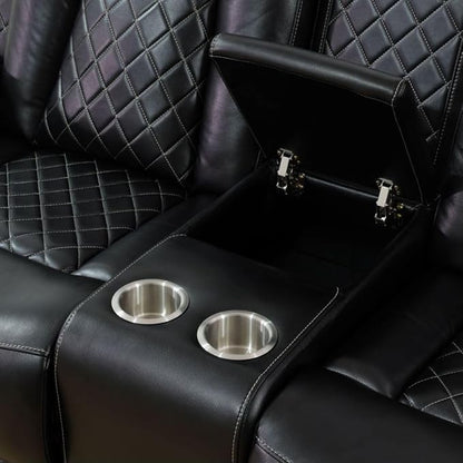 Electric Power Recliner Loveseat Set Living Room Furniture, Comfy Home Theater Breathing Leather Seating with USB 2.0 Charging Ports, LED Light Strips, Mid Console and Cupholders (Black)