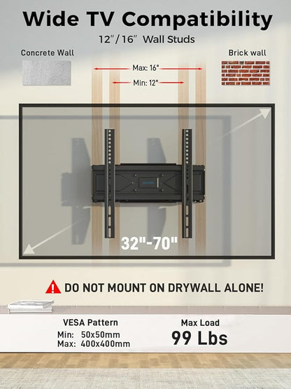 UL Listed Full Motion TV Wall Mount for Most 32-70 inch TVs, Wall Mount TV Bracket for 40 50 55 65 inch tv with Smooth Swivel, Tilt, Extension, Level-Has Hardware & Drill Template