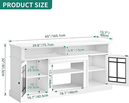 YITAHOME White TV Stand for 75 Inch TV, LED Modern Entertainment Center with Adjustable Shelves and Glass Doors, 32'' Tall Television Stands TV Media Console Table for Living Room, White