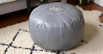 Stuffed Round Design Moroccan Leather Pouf Ottoman, Handmade, Pre-Filled, 100% Genuine Leather, 13” Height x 20” Diameter, Footstool & Living Room Décor (Grey)