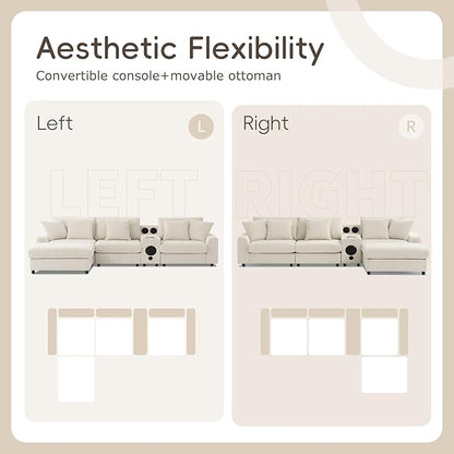Merax 114 * 64" Corduroy Sectional Couches with Bluetooth Speakers, Storage, Ottoman & Pillows, Upholstered Modular Sofa Chaise with Console, USB Charger, Cup Holders for Living Room Apartment, Cream