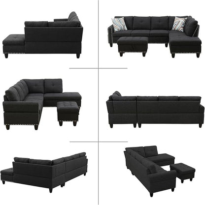 L Shaped Modular Sectional Sofa with Reversible Chaise Lounge, 5-Seater Corner Couch, Linen Upholstery Convertible Sofá w/Movable Ottoman, Cup Holders, 2 Pillows and Rivet Ornament for Living Room