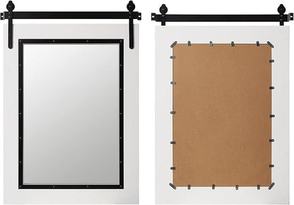 YOSHOOT Farmhouse Barn Door Mirror, 40"x30" Rustic Bathroom Mirror, Wood Frame Wall Mirror, Wooden Mirror for Living Room Bedroom Entryway Wall Décor, White Vertical Hanging ONLY