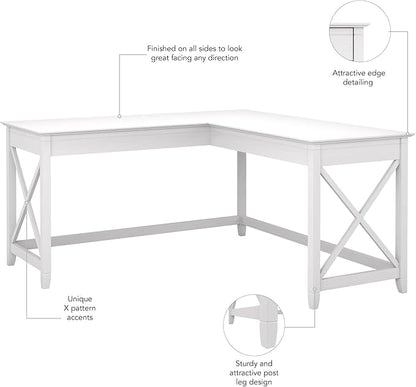Bush Furniture Key West 60W Modern Farmhouse L Shaped Desk in Pure White Oak | 60-Inch Corner Table Workstation for Home Office