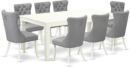 East West Furniture LGDA9-LWH-27 9 Piece Dining Room Set Includes a Rectangle Kitchen Table with Butterfly Leaf and 8 Polyester Fabric Upholstered Chairs, 42x84 Inch, linen white