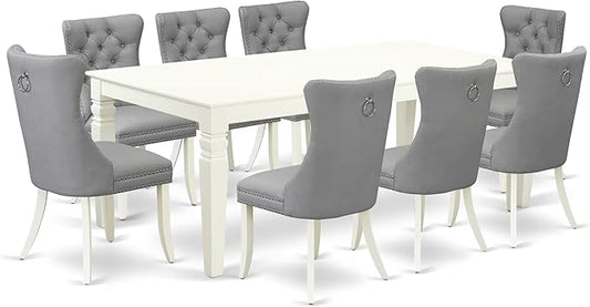 East West Furniture LGDA9-LWH-27 9 Piece Dining Room Set Includes a Rectangle Kitchen Table with Butterfly Leaf and 8 Polyester Fabric Upholstered Chairs, 42x84 Inch, linen white