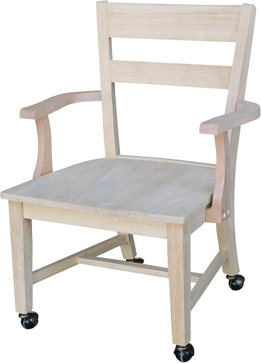 IC International Concepts Dining Chair with Casters, 225lbs wt Capacity, Solid Real Wood, Sturdy Parawood, 24.4"W x 22"D x 35"H, DIY, Paint/Stain Ready, Unfinished