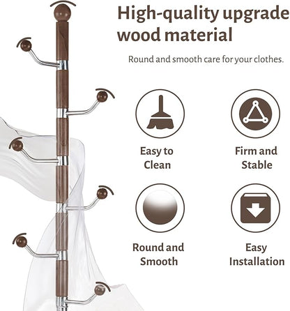 Coat Rack Freestanding, Metal Wooden Coat Tree with 6 Hooks, Heavy Duty Coat Hanger Stand with Resin and Stainless Steel Base, Free Standing Hall Tree for Scarf, Bag, Jacket (Walnut metal)