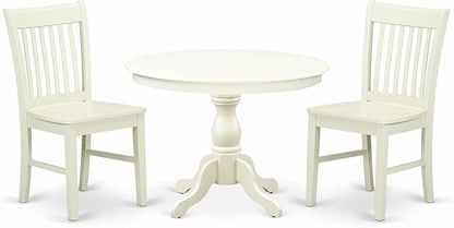 East West Furniture HBNF3-LWH-W 3 Piece Dining Room Furniture Set Contains a Round Kitchen Table with Pedestal and 2 Dining Chairs, 42x42 Inch, Linen White