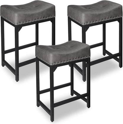 Counter Height Bar Stools Set of 3, Stools for Kitchen Island Set of 3, 24 Inch Counter Stool Saddle Backless Barstools for Kitchen Counter -Grey