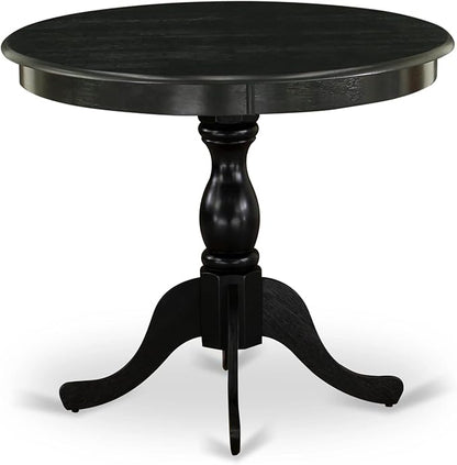 East West Furniture AMAB3-ABK-24 3 Piece Modern Dining Table Set Contains a Round Kitchen Table with Pedestal and 2 Black Color Linen Fabric Upholstered Chairs, 36x36 Inch, Wirebrushed Black