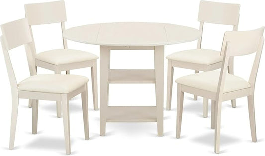 East West Furniture SUAD5-LWH-LC 5 Piece Dining Room Furniture Set Includes a Round Kitchen Table with Dropleaf & Shelves and 4 Faux Leather Upholstered Chairs, 42x42 Inch, Linen White