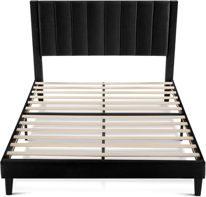 SHA CERLIN Queen Bed Frame/Velvet Upholstered Platform Bed Frame with Headboard/Strong Wood Slats Support/Mattress Foundation/No Box Spring Needed - Black